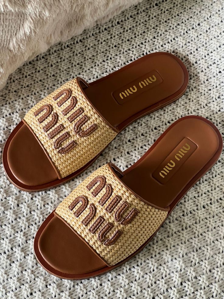 Miu Miu Flat Logo Slides – Natural Beige