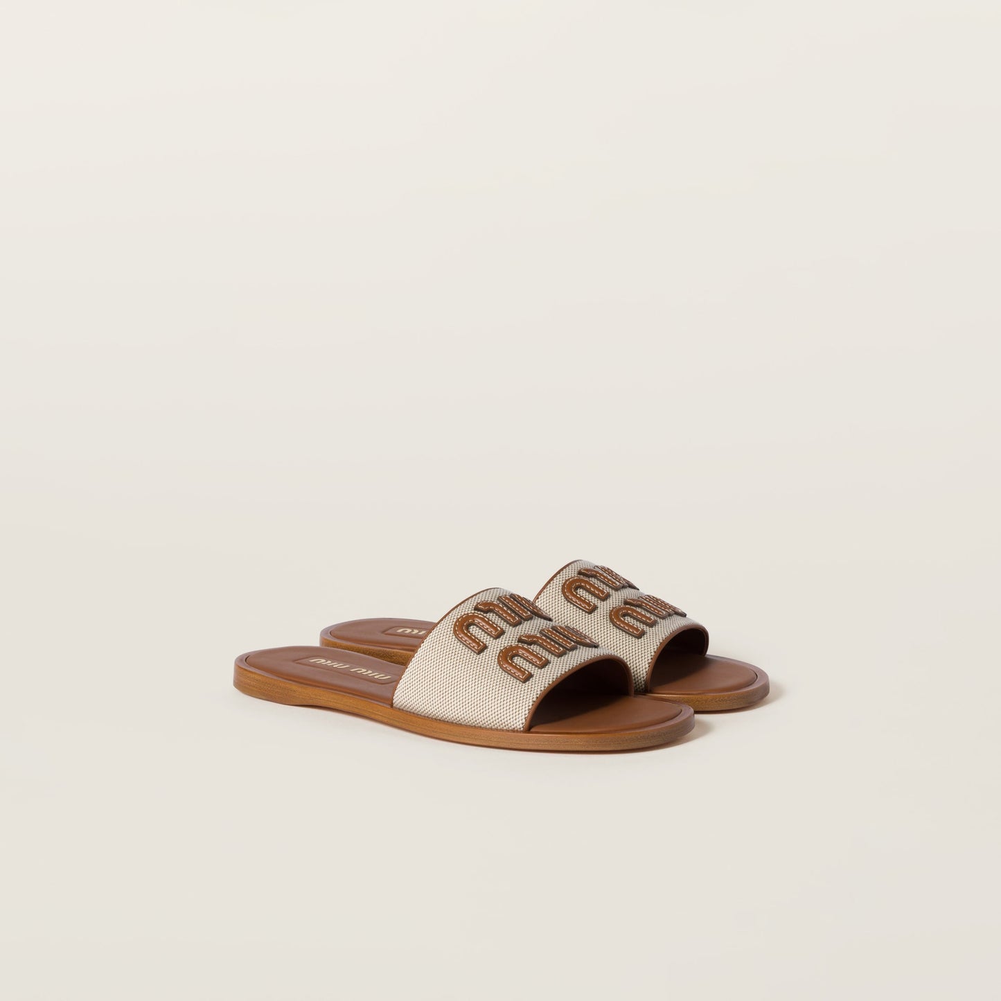 Miu Miu Flat Logo Slides – Natural Beige