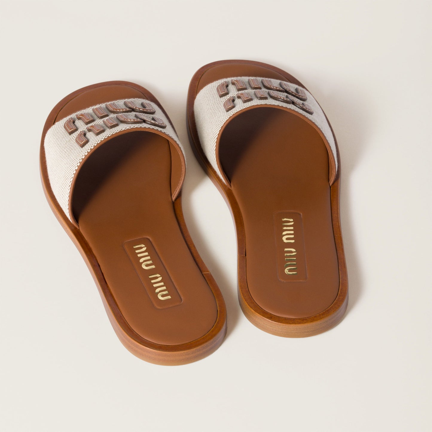 Miu Miu Flat Logo Slides – Natural Beige