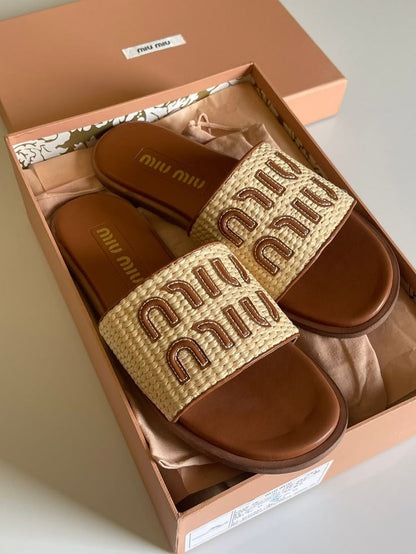 Miu Miu Flat Logo Slides – Natural Beige
